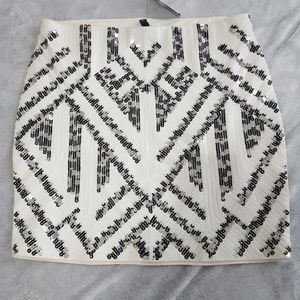 Express White Mini Skirt with Black Sequin Geometric Pattern